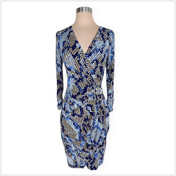 Cache Blue Animal Snake Print Wrap Style Stretch Jersey Gold Buckle Dress S - Picture 1 of 4